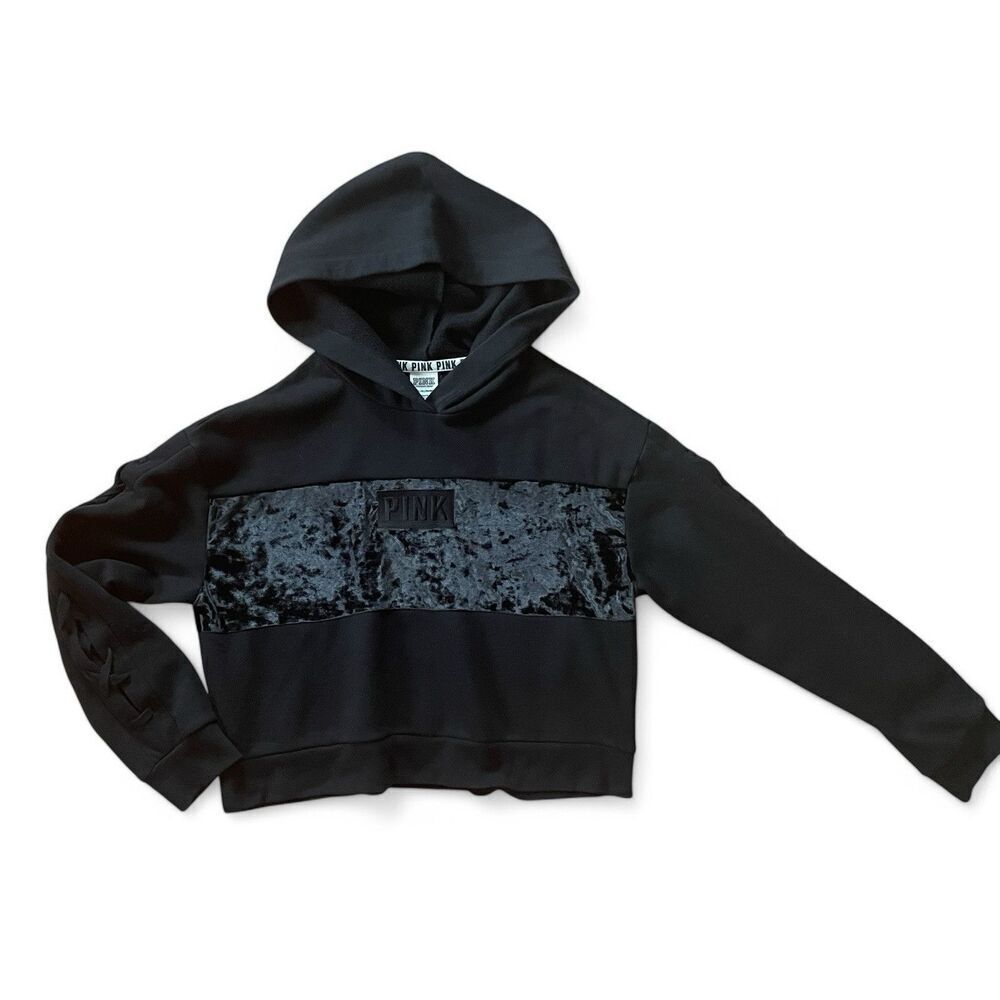 VICTORIA'S SECRET Women’s PINK CROPPED HOODIE VELVET LOGO LONG SLEEVE BLACK SZ S